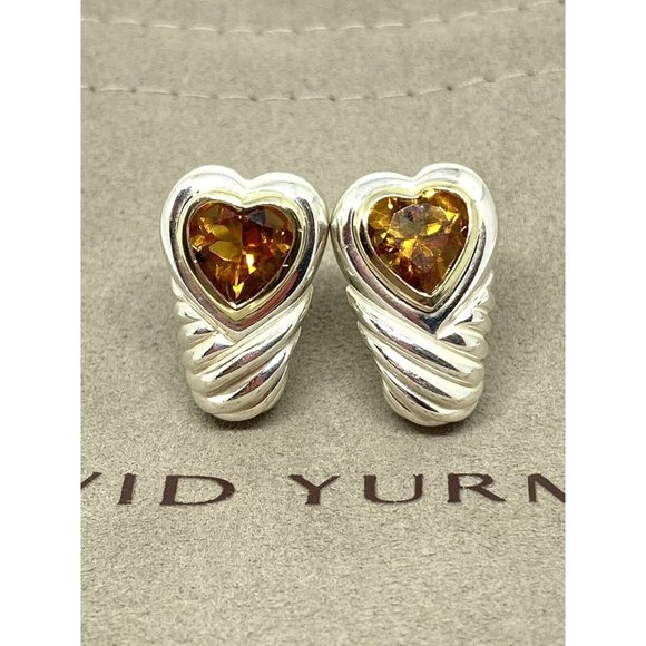 David Yurman Heart Citrine Shrimp Sterling Silver 14K Gold French Clip Earrings - Picture 6 of 12
